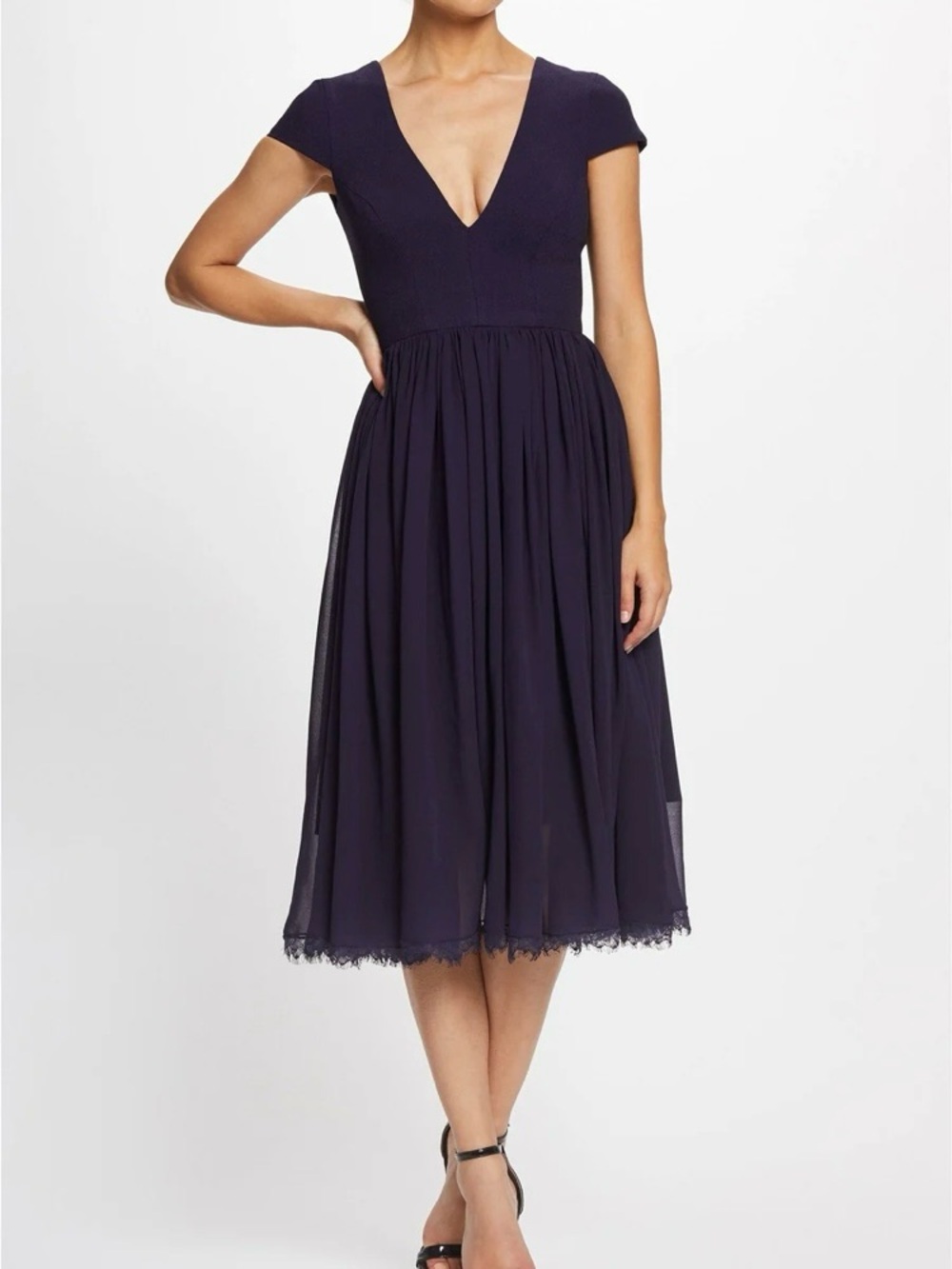 Dress the Population Corey Dress Chiffon Fit & Flare Midnight Blue New